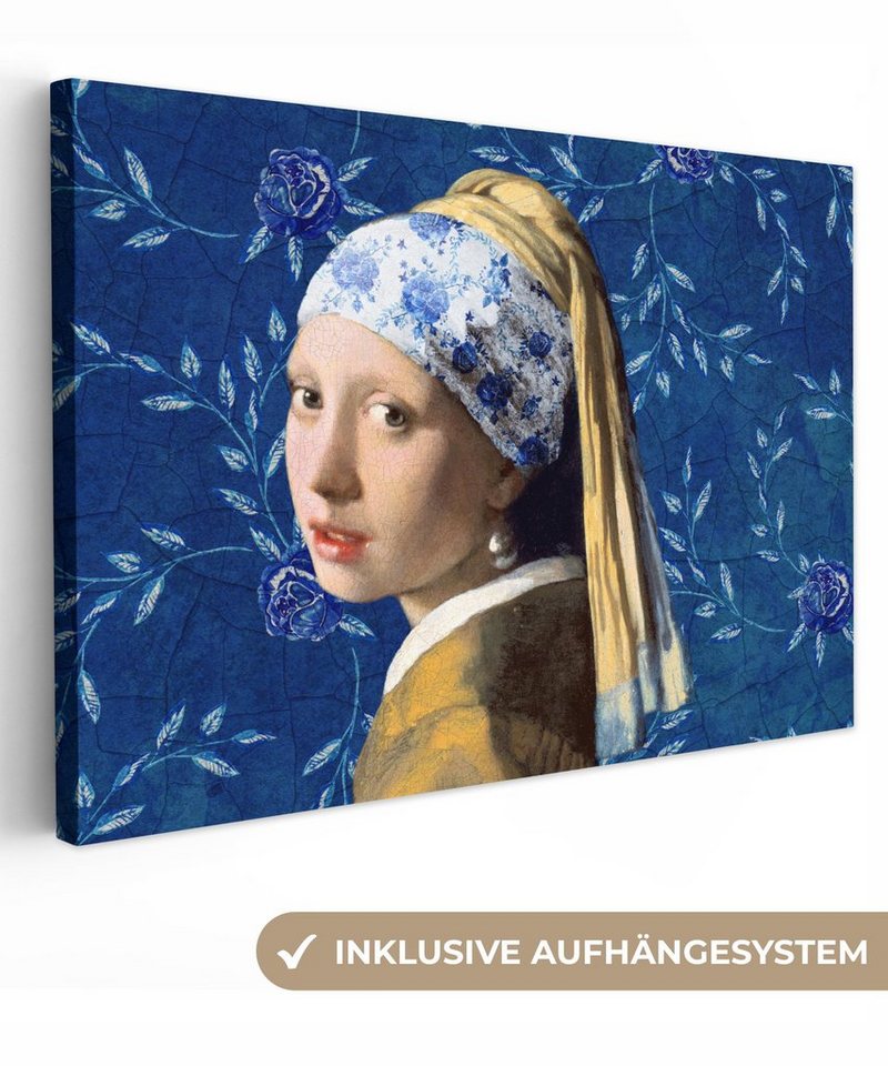 OneMillionCanvasses® Gemälde Mädchen mit Perlenohrring - Delfter Blau - Vermeer - Blumen - Gemälde, (1 St), Wandbild Leinwandbilder, Aufhängefertig, Wanddeko, 30x20 cm von OneMillionCanvasses®