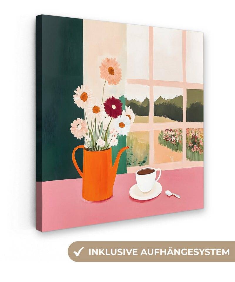 OneMillionCanvasses® Leinwandbild Blumen - Kaffee - Fenster, Fotodruck (1 St), Wandbild, Deko Schlafzimmer Wohnzimmer Flur 20x20 cm von OneMillionCanvasses®