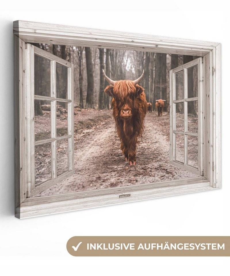OneMillionCanvasses® Leinwandbild Ansicht - Schottischer Highlander - Fenster, (1 St), Wandbilder Wohnzimmer Schlafzimmer 90x60 cm von OneMillionCanvasses®