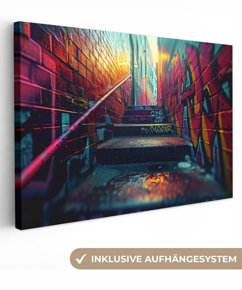 OneMillionCanvasses® Leinwandbild Architektur - Neon - Treppe - Graffiti, (1 St), Leinwand Bilder Klein, Wand Dekoration Aesthetic 30x20 cm von OneMillionCanvasses®
