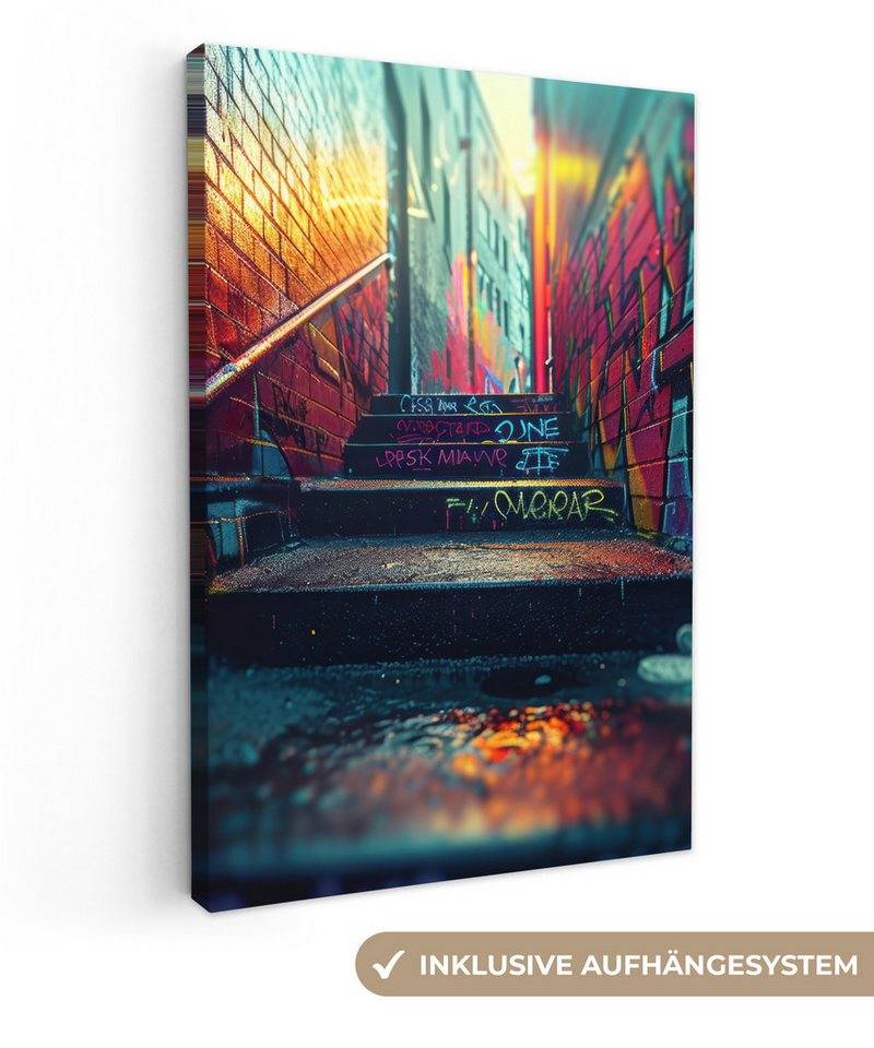 OneMillionCanvasses® Leinwandbild Architektur - Neon - Treppe - Graffiti, (1 St), Leinwand Canvas Wandbild, Wanddekoration 20x30 cm von OneMillionCanvasses®