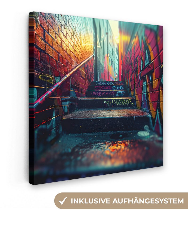 OneMillionCanvasses® Leinwandbild Architektur - Neon - Treppe - Graffiti, (1 St), Wandbild, Deko Schlafzimmer Wohnzimmer Flur 20x20 cm von OneMillionCanvasses®