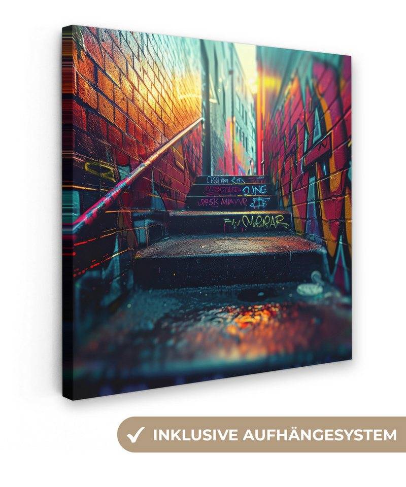 OneMillionCanvasses® Leinwandbild Architektur - Neon - Treppe - Graffiti, (1 St), Wandbild, Deko Schlafzimmer Wohnzimmer Flur 20x20 cm von OneMillionCanvasses®