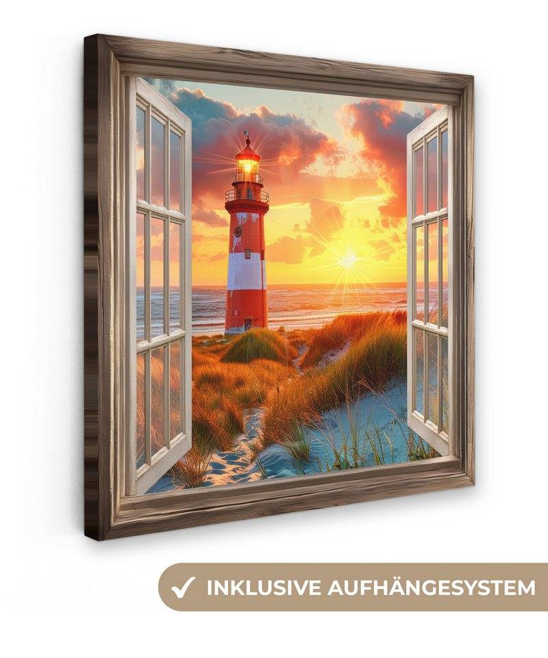 OneMillionCanvasses® Leinwandbild Aussicht - Fenster - Leuchtturm - Sonnenuntergang - Strand, Fotodruck (1 St), Wandbild, Deko Schlafzimmer Wohnzimmer Flur 20x20 cm von OneMillionCanvasses®