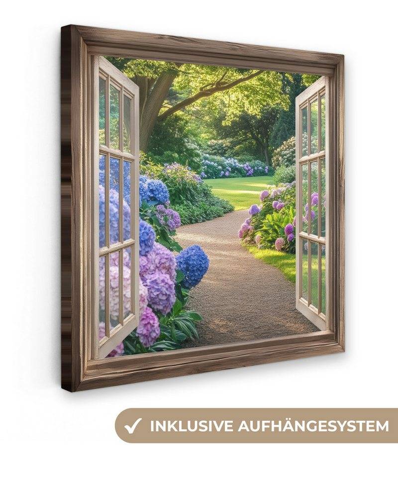 OneMillionCanvasses® Leinwandbild Aussicht - Garten - Fenster - Hortensie - Blumen, Fotodruck (1 St), Wandbild, Deko Schlafzimmer Wohnzimmer Flur 20x20 cm von OneMillionCanvasses®