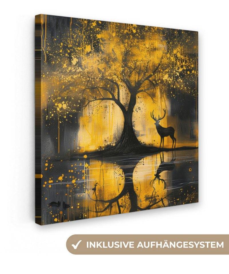 OneMillionCanvasses® Leinwandbild Baum - Farboptik - Hirsch - Natur - Gold, (1 St), Wandbild, Deko Schlafzimmer Wohnzimmer Flur 20x20 cm von OneMillionCanvasses®