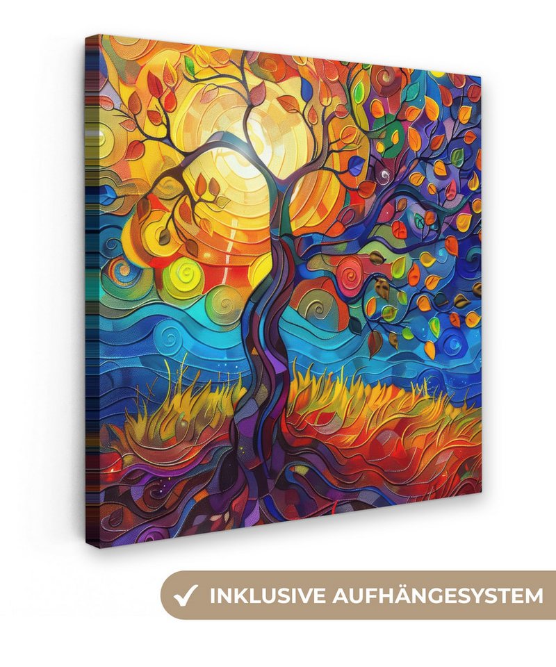 OneMillionCanvasses® Leinwandbild Baum - Sonne - Farbenfroh - Abstrakt, (1 St), Wandbild, Deko Schlafzimmer Wohnzimmer Flur 20x20 cm von OneMillionCanvasses®