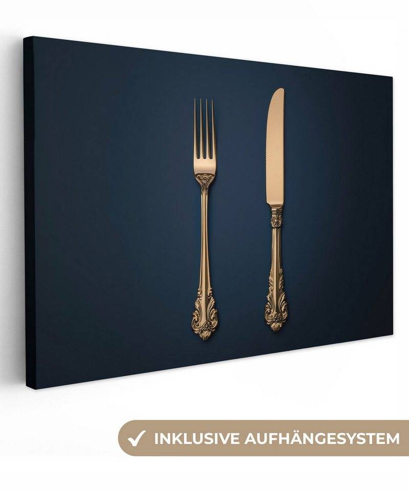 OneMillionCanvasses® Leinwandbild Besteck - Dunkelblau - Gold - Küche, Fotodruck (1 St), Wandbild, Deko Schlafzimmer Wohnzimmer Flur 20x20 cm von OneMillionCanvasses®