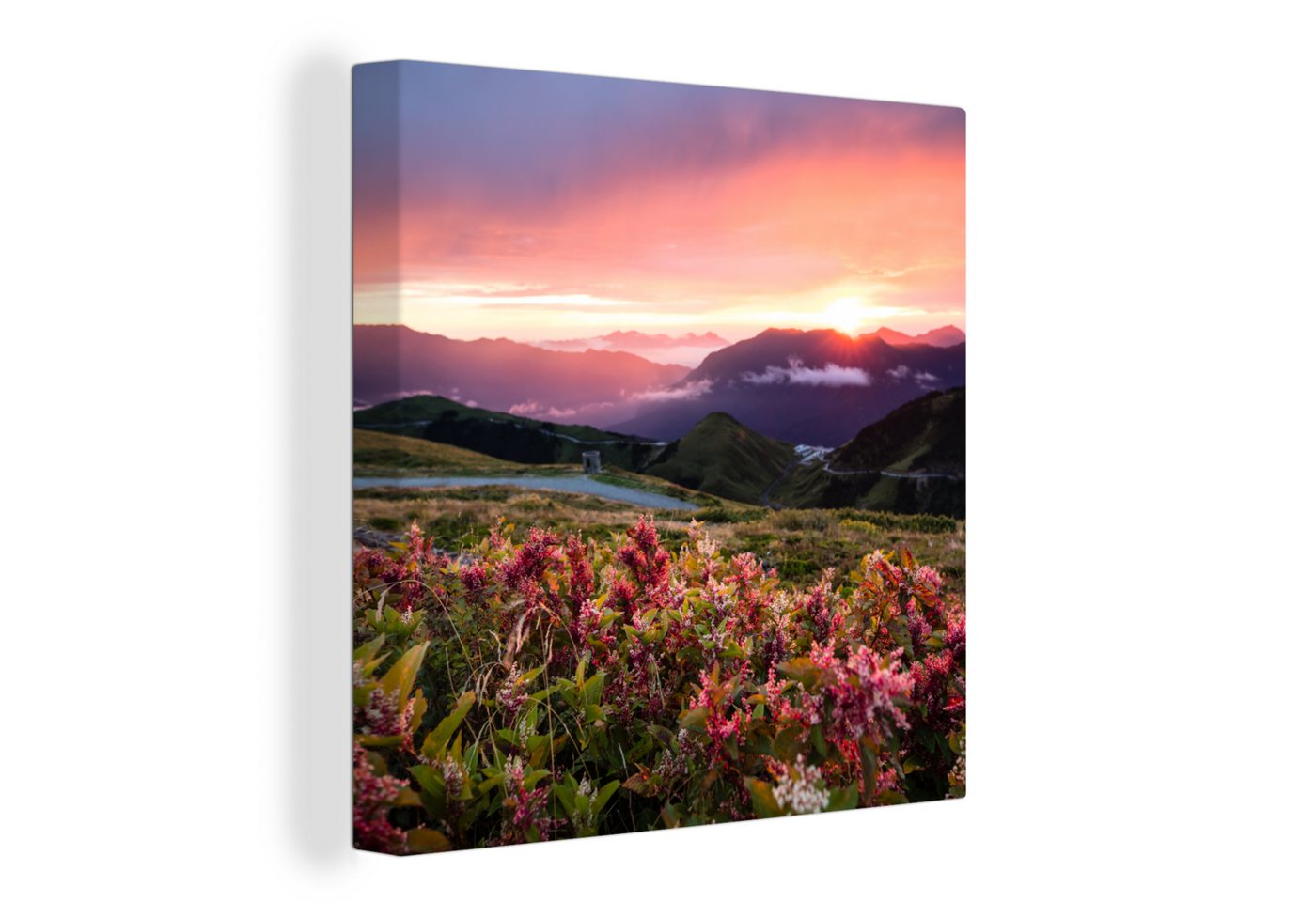 OneMillionCanvasses® Leinwandbild Blumen - Berge - Landschaft - Nacht - Himmel - Rosa, (1 St), Leinwand Bilder für Wohnzimmer Schlafzimmer von OneMillionCanvasses®