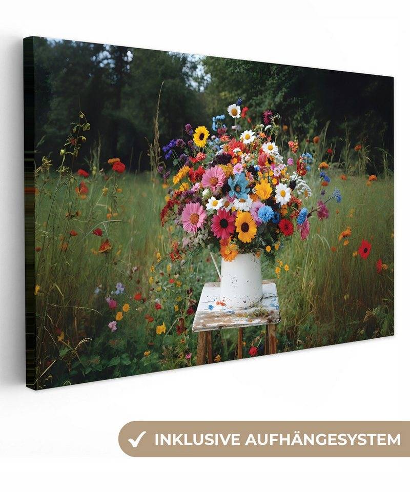 OneMillionCanvasses® Leinwandbild Blumen - Hocker - Gießkanne - Feld, Fotodruck (1 St), Leinwand Bilder Klein, Wand Dekoration Aesthetic 30x20 cm von OneMillionCanvasses®