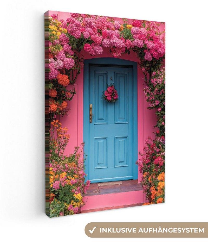OneMillionCanvasses® Leinwandbild Blumen - Tür - Rosa, Fotodruck (1 St), Leinwand Canvas Wandbild, Wanddekoration 20x30 cm von OneMillionCanvasses®