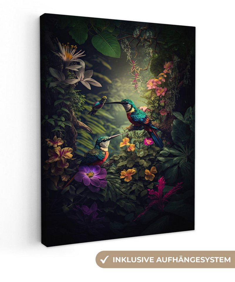 OneMillionCanvasses® Leinwandbild Blumen - Vogel - Dschungel - Pflanzen, Fotodruck (1 St), Leinwand Bilder für Wohnzimmer Schlafzimmer 30x40 cm von OneMillionCanvasses®