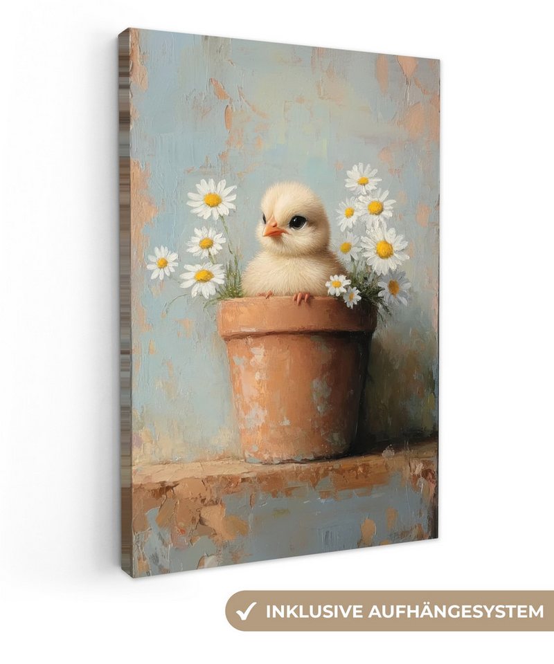 OneMillionCanvasses® Leinwandbild Blumentopf - Küken - Blumen - Ostern Deko, Fotodruck (1 St), Leinwand Bilder Klein, Wand Dekoration Aesthetic 30x20 cm von OneMillionCanvasses®