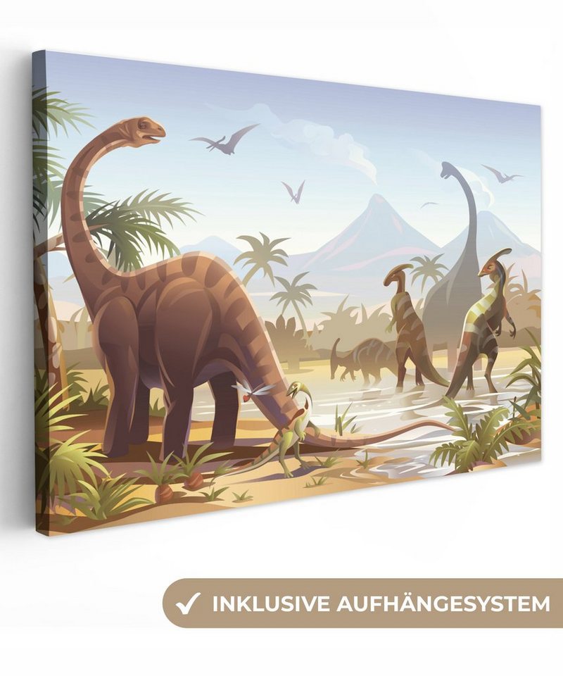 OneMillionCanvasses® Leinwandbild Dinosaurier - Landschaft - Tropisch - Kinder - Jungen, (1 St), Wandbild Leinwandbilder, Aufhängefertig, Wanddeko, 30x20 cm von OneMillionCanvasses®