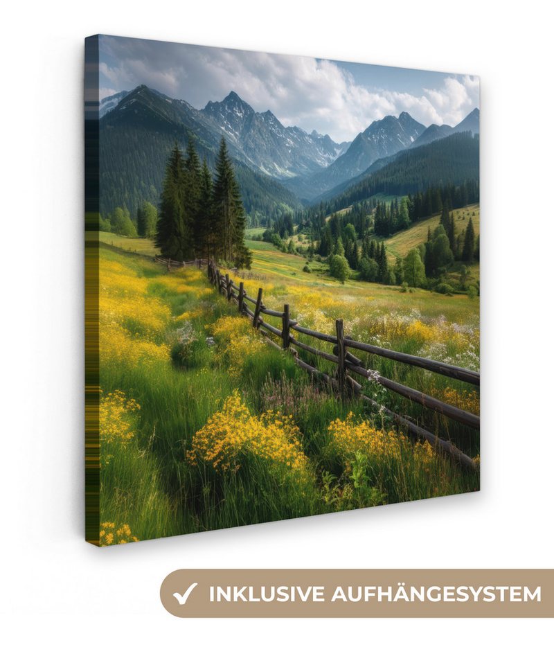 OneMillionCanvasses® Leinwandbild Feld - Zaun - Berge - Blumen, Fotodruck (1 St), Leinwand Canvas Wandbild, Wanddekoration 20x30 cm von OneMillionCanvasses®