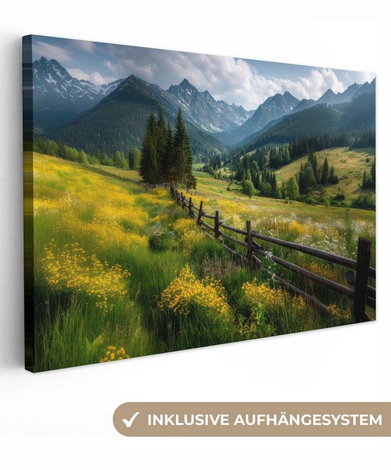 OneMillionCanvasses® Leinwandbild Feld - Zaun - Berge - Blumen, Fotodruck (1 St), Leinwand Bilder Klein, Wand Dekoration Aesthetic 30x20 cm von OneMillionCanvasses®