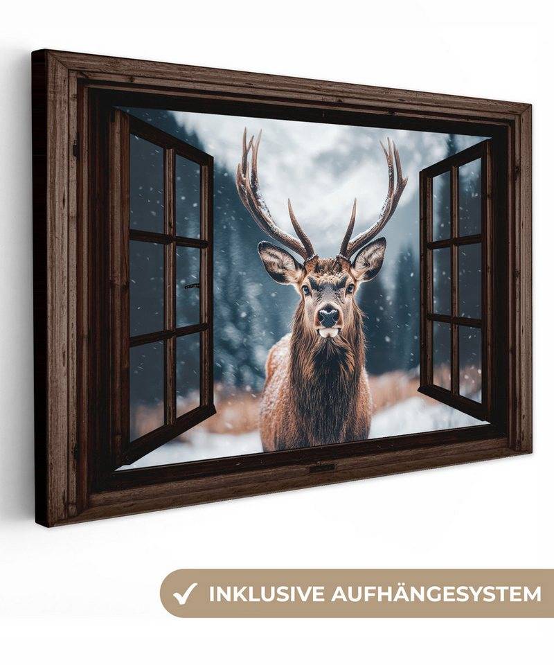OneMillionCanvasses® Leinwandbild Fenster - Hirsche - Tiere - Landschaft - Winter - Schnee, Fotodruck (1 St), Leinwand Bilder Klein, Wand Dekoration Aesthetic 30x20 cm von OneMillionCanvasses®