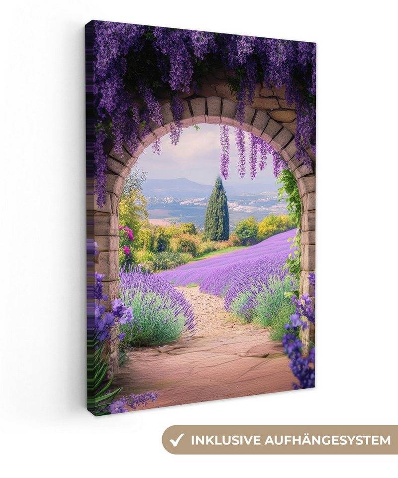OneMillionCanvasses® Leinwandbild Fensterblick - Fenster - Lavendel - Blumen - Lila - Gateway, Fotodruck (1 St), Leinwand Canvas Wandbild, Wanddekoration 20x30 cm von OneMillionCanvasses®