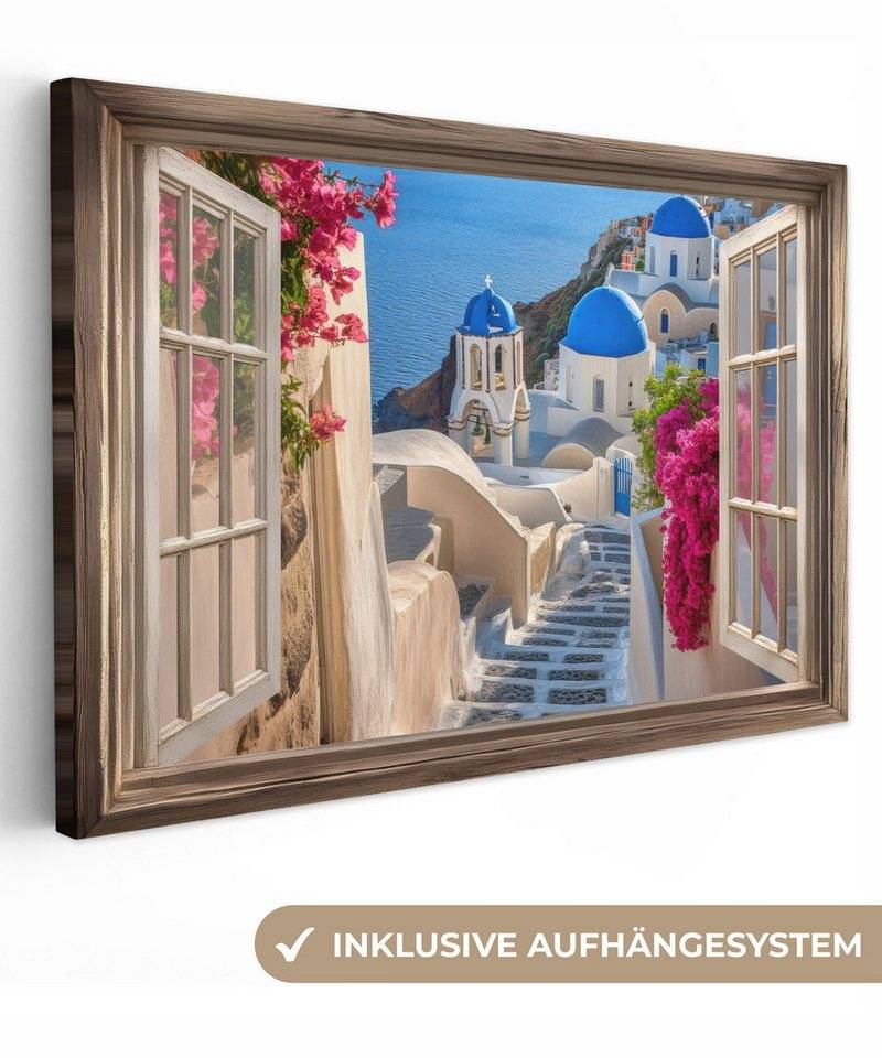 OneMillionCanvasses® Leinwandbild Fensterblick - Fenster - Santorini - Landschaft - Blau - Griechisch, Fotodruck (1 St), Leinwand Bilder Klein, Wand Dekoration Aesthetic 30x20 cm von OneMillionCanvasses®