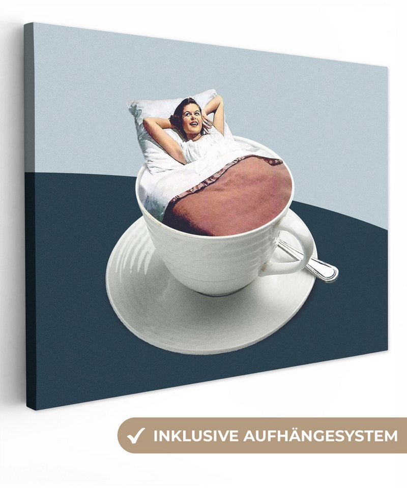 OneMillionCanvasses® Leinwandbild Frau - Kaffee - Jahrgang, Blau, Weiß (1 St), Wandbild Leinwandbilder, Aufhängefertig, Wanddeko 40x30 cm von OneMillionCanvasses®