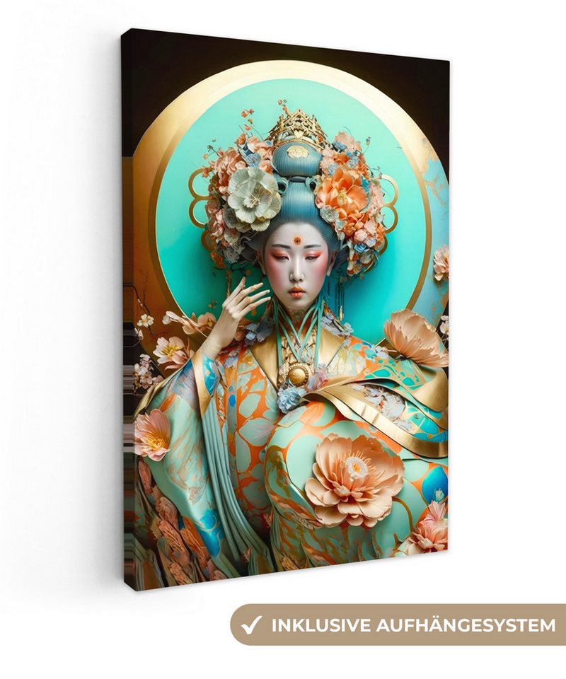 OneMillionCanvasses® Leinwandbild Frau - Kimono - Blumen - Gold - Porträt, (1 St), Leinwand Canvas Wandbild, Wanddekoration 20x30 cm von OneMillionCanvasses®