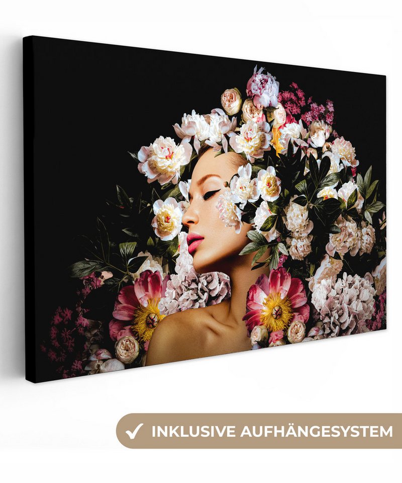 OneMillionCanvasses® Leinwandbild Frauen - Blumen - Rosen - Porträt, (1 St), Leinwand Bilder Klein, Wand Dekoration Aesthetic 30x20 cm von OneMillionCanvasses®