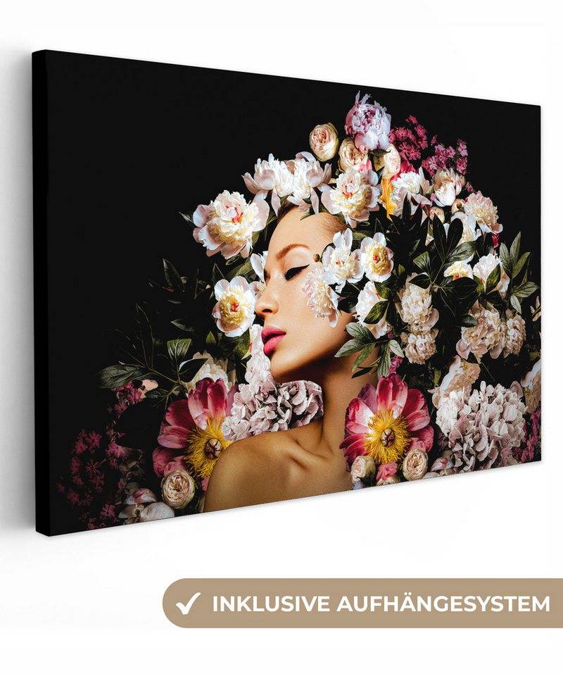 OneMillionCanvasses® Leinwandbild Frauen - Blumen - Rosen - Porträt, (1 St), Leinwand Bilder Klein, Wand Dekoration Aesthetic 30x20 cm von OneMillionCanvasses®