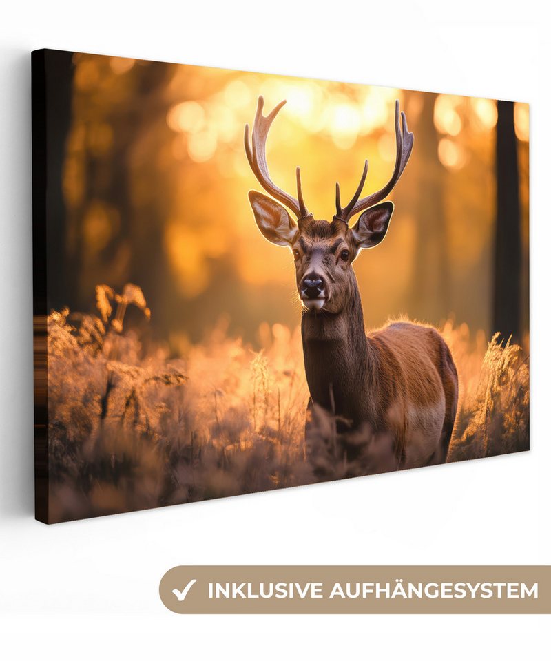 OneMillionCanvasses® Leinwandbild Hirsch - Geweih - Herbst - Wald - Braun - Natur - Waldtiere, (1 St), Leinwand Bilder Klein, Wand Dekoration Aesthetic 30x20 cm von OneMillionCanvasses®