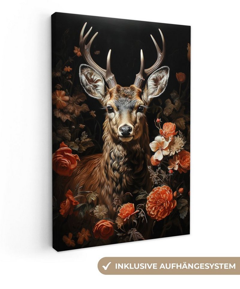 OneMillionCanvasses® Leinwandbild Hirsch - Tier - Blumen - Natur - Botanisch, (1 St), Leinwand Canvas Wandbild, Wanddekoration 20x30 cm von OneMillionCanvasses®