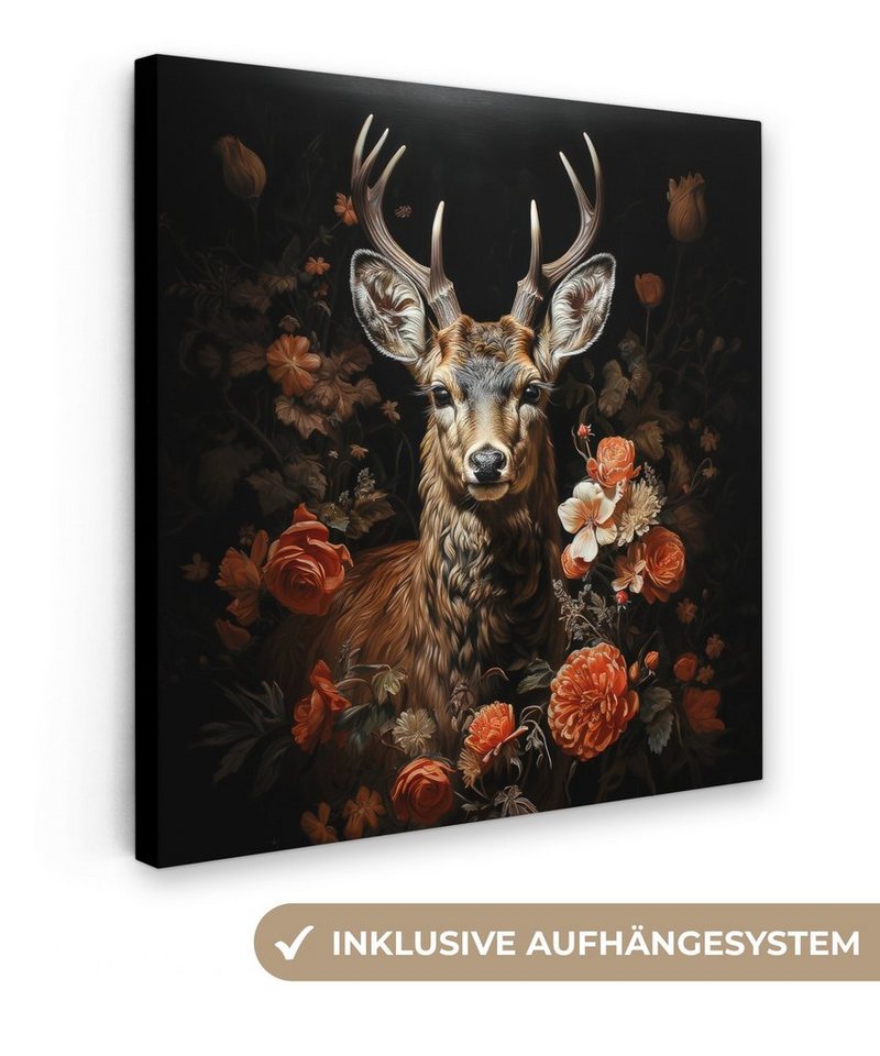 OneMillionCanvasses® Leinwandbild Hirsch - Tier - Blumen - Natur - Botanisch, (1 St), Wandbild, Deko Schlafzimmer Wohnzimmer Flur 20x20 cm von OneMillionCanvasses®
