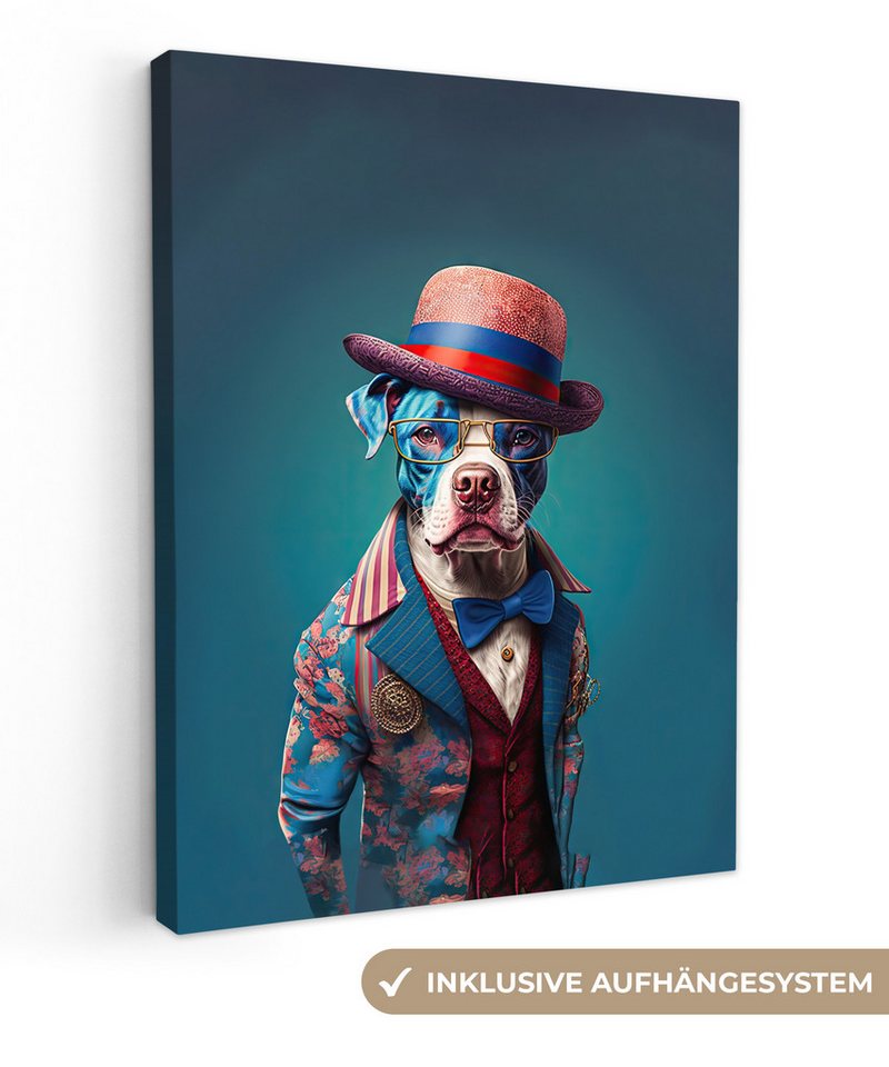 OneMillionCanvasses® Leinwandbild Hund - Hut - Jacke - Blumen - Blau, (1 St), Leinwand Bilder für Wohnzimmer Schlafzimmer 30x40 cm von OneMillionCanvasses®