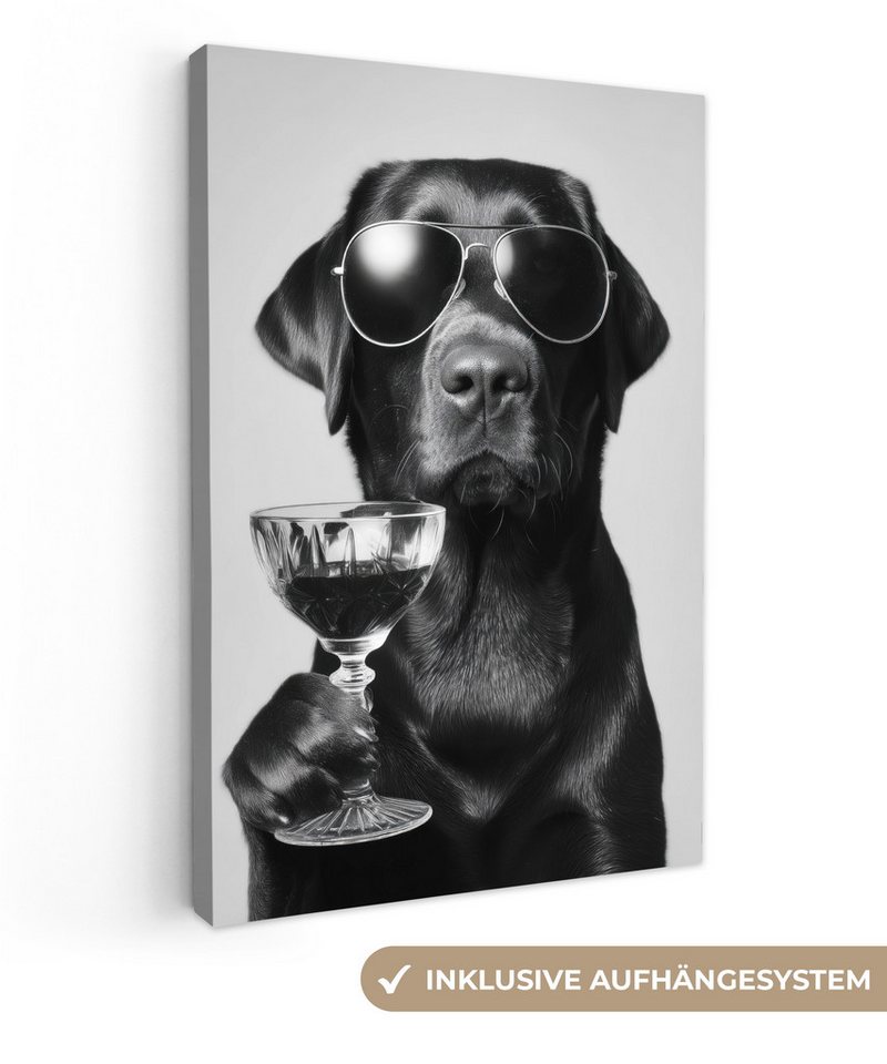 OneMillionCanvasses® Leinwandbild Hund - Schwarz - Weinglas - Sonnenbrille, Fotodruck (1 St), Wandbild, Deko Schlafzimmer Wohnzimmer Flur 20x20 cm von OneMillionCanvasses®