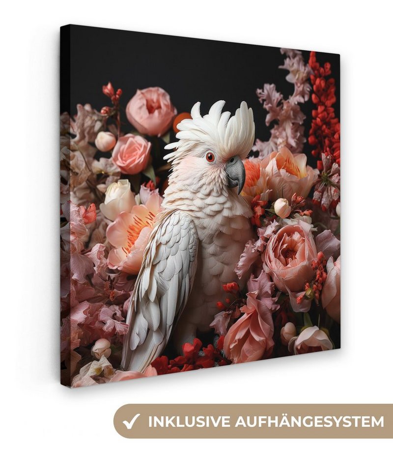 OneMillionCanvasses® Leinwandbild Kakadu - Tier - Natur - Botanisch - Blumen - Rosa, (1 St), Wandbild, Deko Schlafzimmer Wohnzimmer Flur 20x20 cm von OneMillionCanvasses®