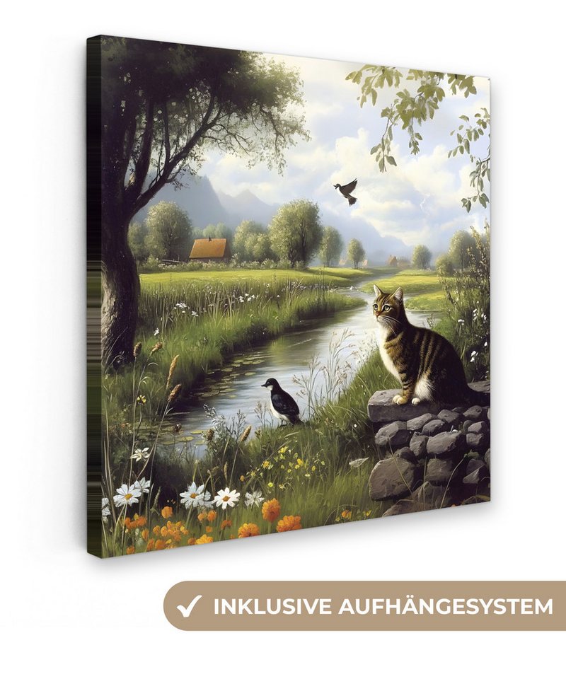 OneMillionCanvasses® Leinwandbild Katze - Bach - Wiese, Fotodruck (1 St), Leinwand Bilder Klein, Wand Dekoration Aesthetic 30x20 cm von OneMillionCanvasses®