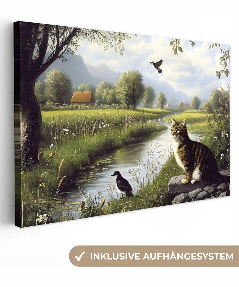 OneMillionCanvasses® Leinwandbild Katze - Bach - Wiese, Fotodruck (1 St), Leinwand Bilder Klein, Wand Dekoration Aesthetic 30x20 cm von OneMillionCanvasses®