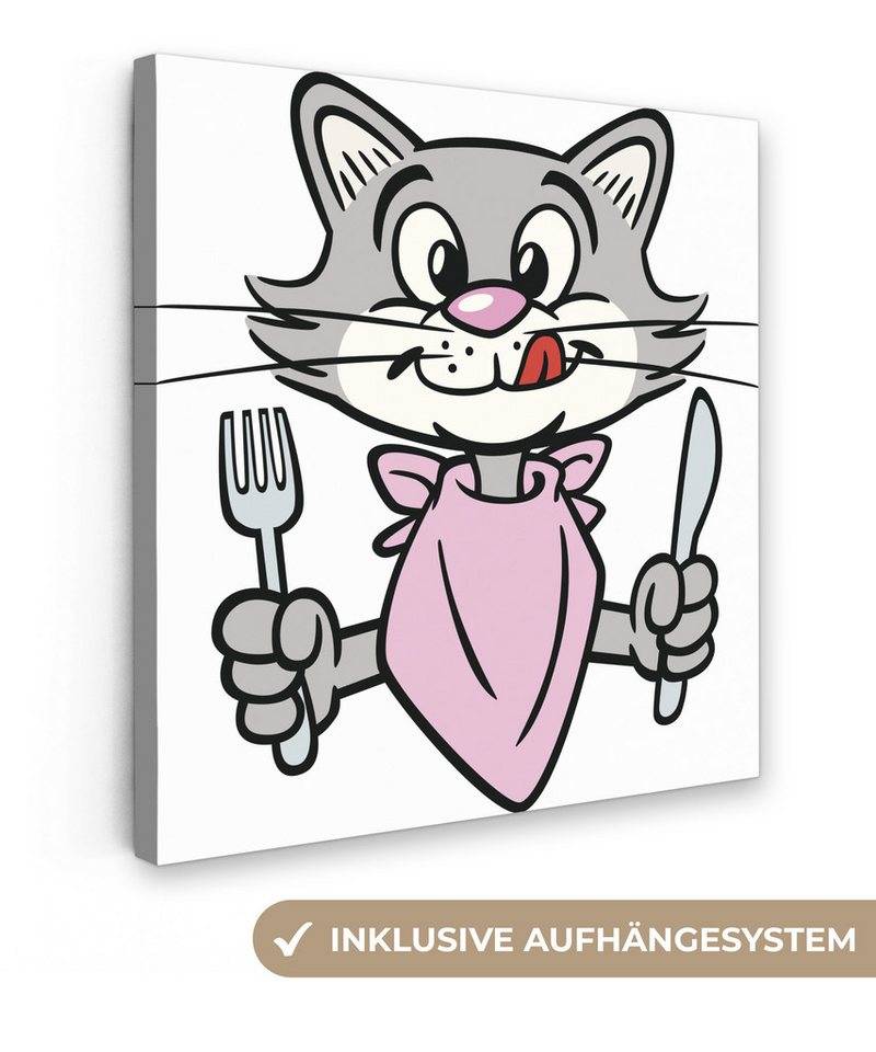 OneMillionCanvasses® Leinwandbild Katze - Besteck - Grau, Fotodruck (1 St), Wandbild, Deko Schlafzimmer Wohnzimmer Flur 20x20 cm von OneMillionCanvasses®
