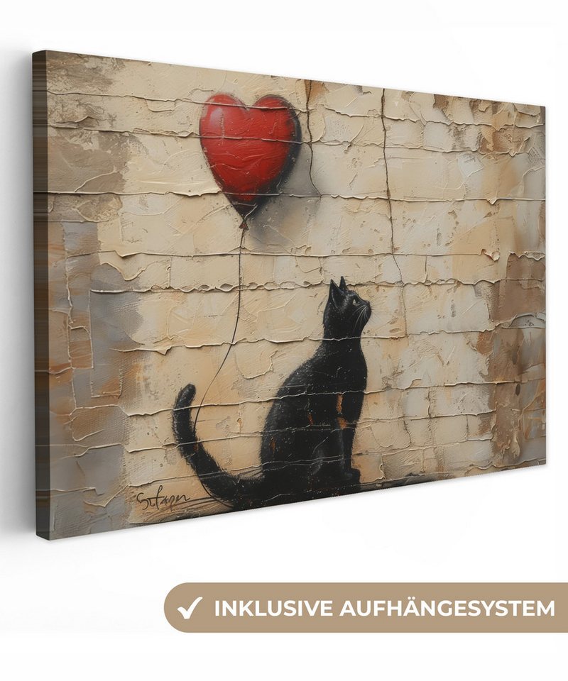OneMillionCanvasses® Leinwandbild Katze - Graffiti - Luftballon - Straßenkunst - Abstrakt, Beige - Graffiti (1 St), Leinwand Bilder Klein, Wand Dekoration 30x20 cm von OneMillionCanvasses®