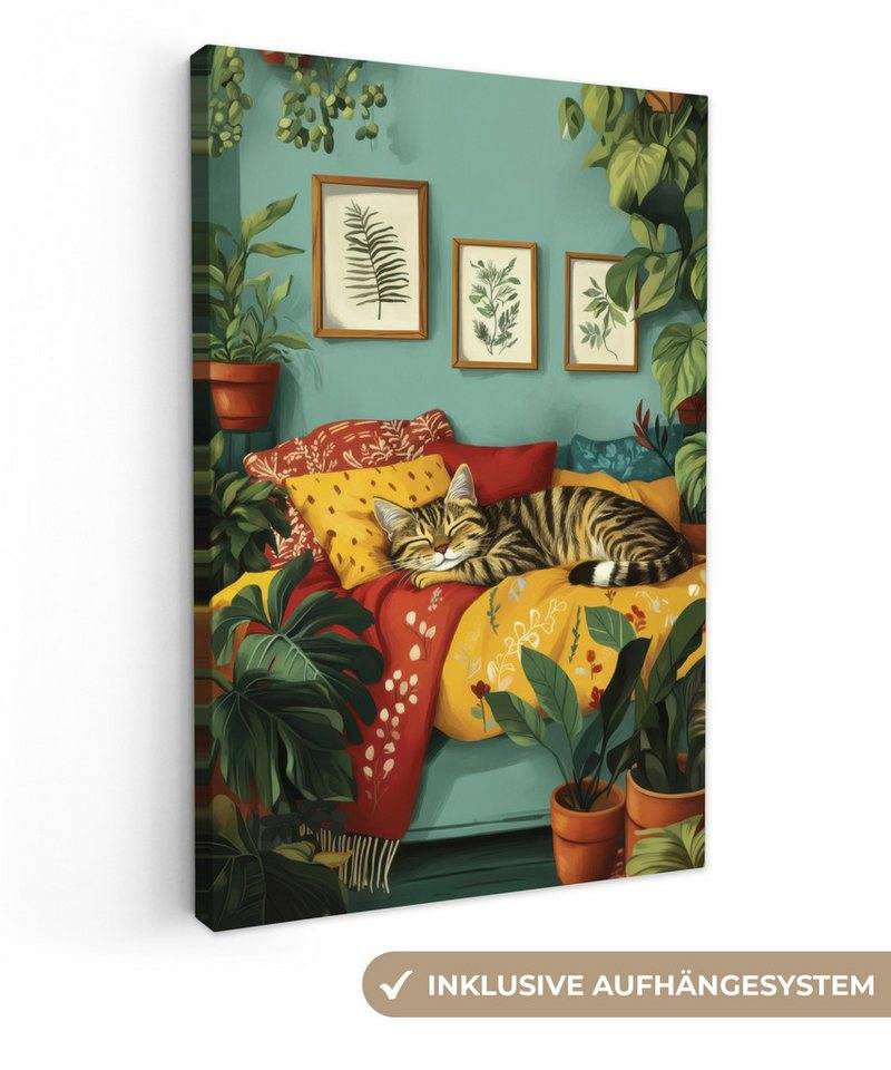 OneMillionCanvasses® Leinwandbild Katze - Pflanzen - Grün, Fotodruck (1 St), Leinwand Canvas Wandbild, Wanddekoration 20x30 cm von OneMillionCanvasses®