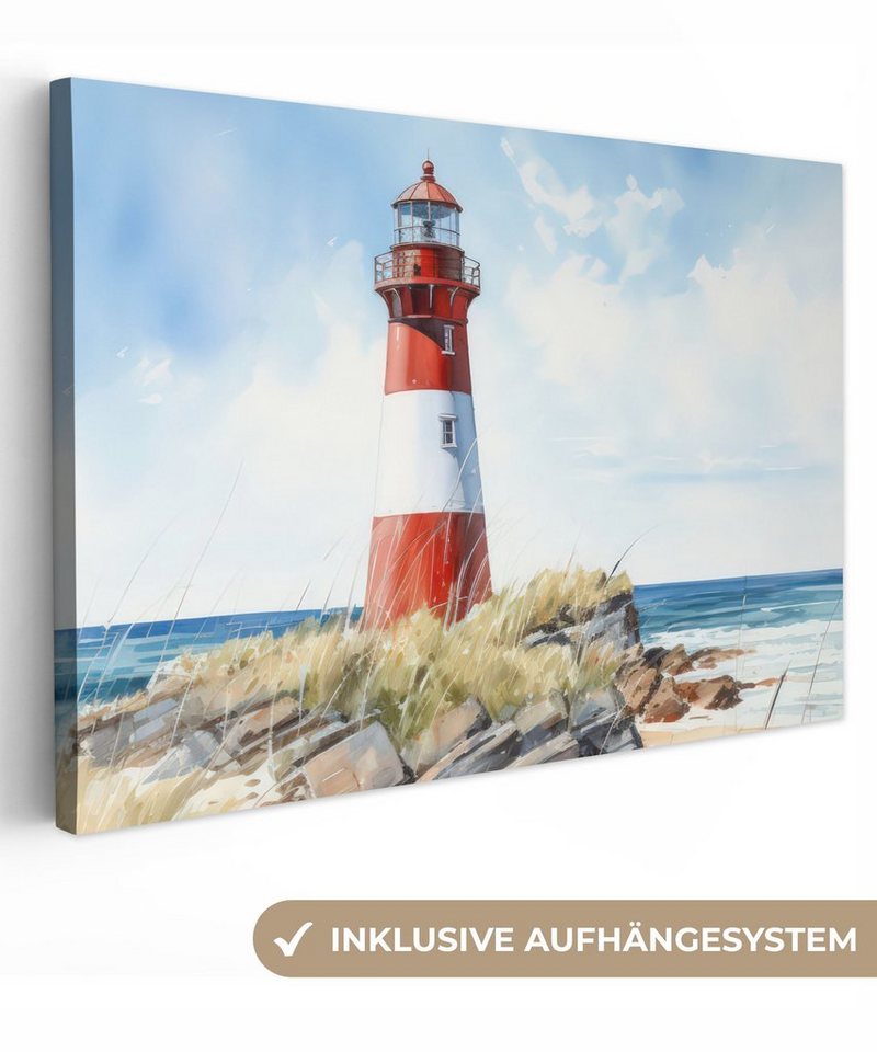 OneMillionCanvasses® Leinwandbild Leuchtturm - Felsen - Meer - Natur - Maritim, (1 St), Leinwand Bilder Klein, Wand Dekoration Aesthetic 30x20 cm von OneMillionCanvasses®