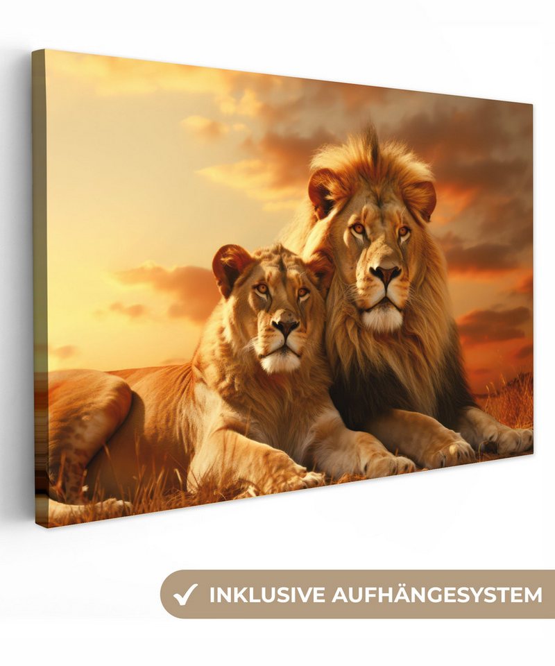 OneMillionCanvasses® Leinwandbild Löwen - Sonnenuntergang - Afrika - Savanne - Tiere, Braun - Löwen (1 St), Leinwand Bilder Klein, Wand Dekoration 30x20 cm von OneMillionCanvasses®