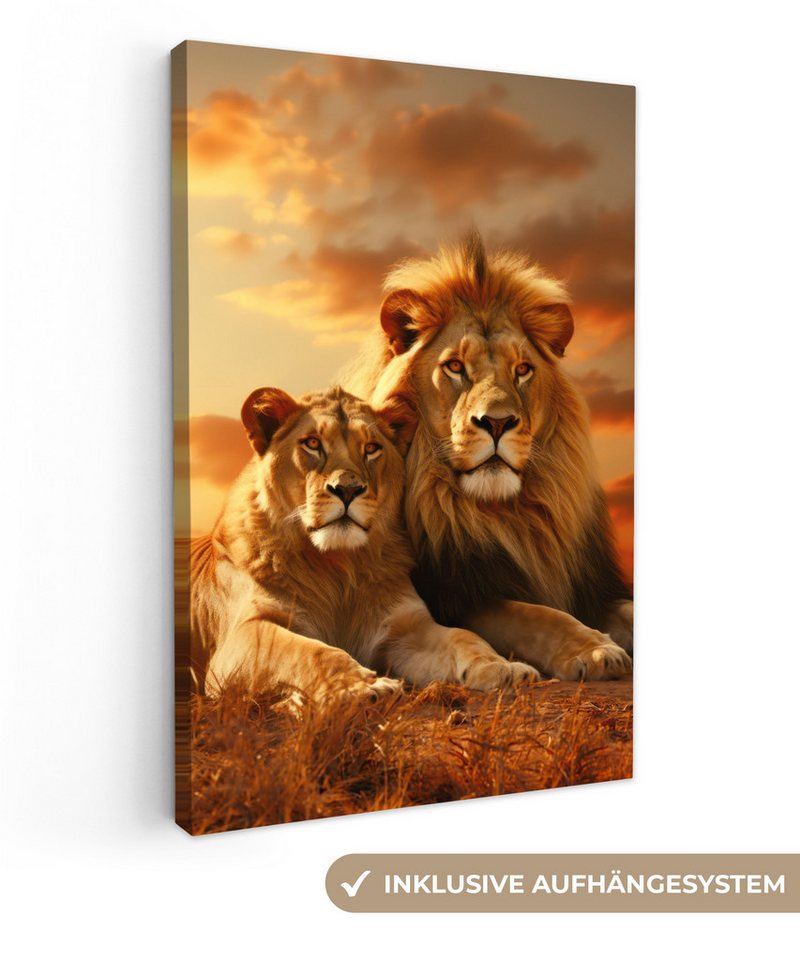 OneMillionCanvasses® Leinwandbild Löwen - Sonnenuntergang - Afrika - Savanne - Tiere, Braun - Löwen (1 St), Leinwand Wandbild, Wanddekoration 20x30 cm von OneMillionCanvasses®