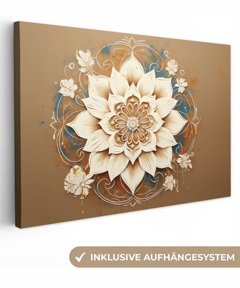 OneMillionCanvasses® Leinwandbild Mandala - Blumen - Weiß - Braun, (1 St), Leinwand Bilder Klein, Wand Dekoration Aesthetic 30x20 cm von OneMillionCanvasses®