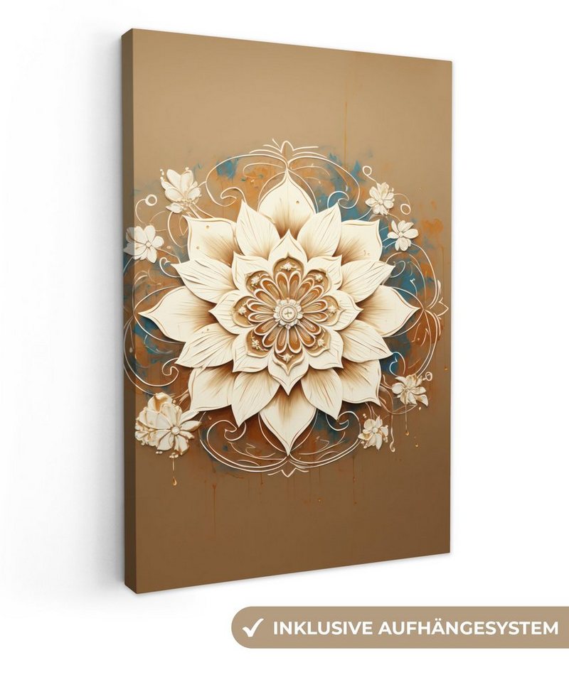 OneMillionCanvasses® Leinwandbild Mandala - Blumen - Weiß - Braun, (1 St), Leinwand Canvas Wandbild, Wanddekoration 20x30 cm von OneMillionCanvasses®