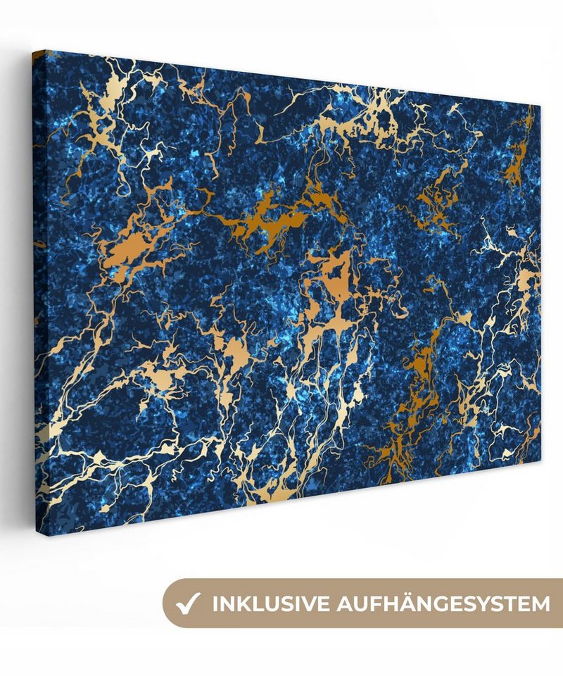 OneMillionCanvasses® Leinwandbild Marmor - Textur - Gold - Blau, (1 St), Wandbild Leinwandbilder, Aufhängefertig, Wanddeko, 60x40 cm von OneMillionCanvasses®