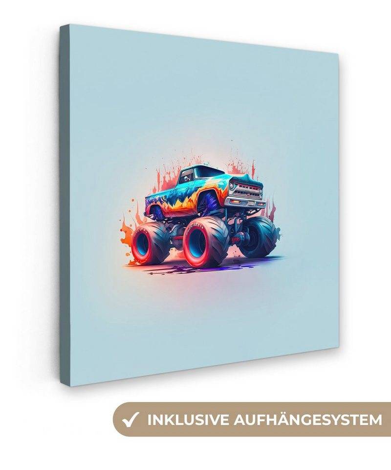 OneMillionCanvasses® Leinwandbild Monstertruck - Flammen - Blau - Farbe - Design, Fotodruck (1 St), Wandbild, Deko Schlafzimmer Wohnzimmer Flur 20x20 cm von OneMillionCanvasses®