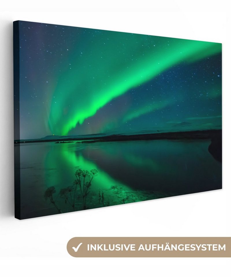 OneMillionCanvasses® Leinwandbild Nordlicht - Island - Sternenhimmel - Grün - Wasser, Fotodruck (1 St), Leinwand Bilder Klein, Wand Dekoration Aesthetic 30x20 cm von OneMillionCanvasses®