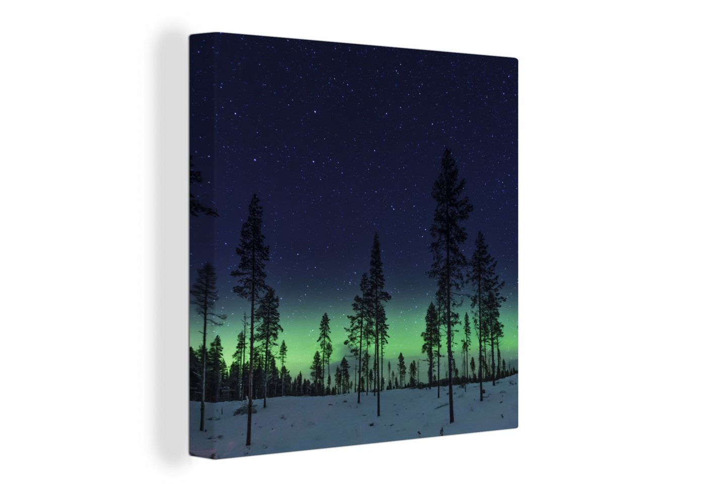 OneMillionCanvasses® Leinwandbild Nordlicht - Schnee - Bäume - Natur - Grün, (1 St), Leinwand Bilder für Wohnzimmer Schlafzimmer von OneMillionCanvasses®