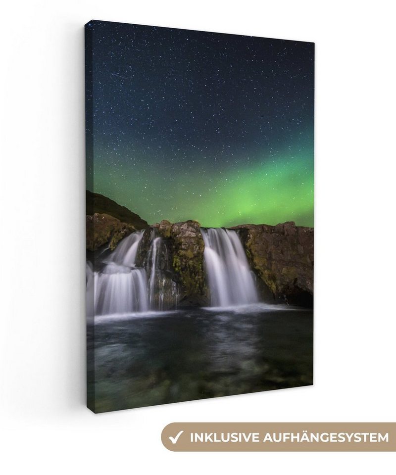 OneMillionCanvasses® Leinwandbild Nordlicht - Wasserfall - Island - Natur, (1 St), Leinwand Canvas Wandbild, Wanddekoration 20x30 cm von OneMillionCanvasses®