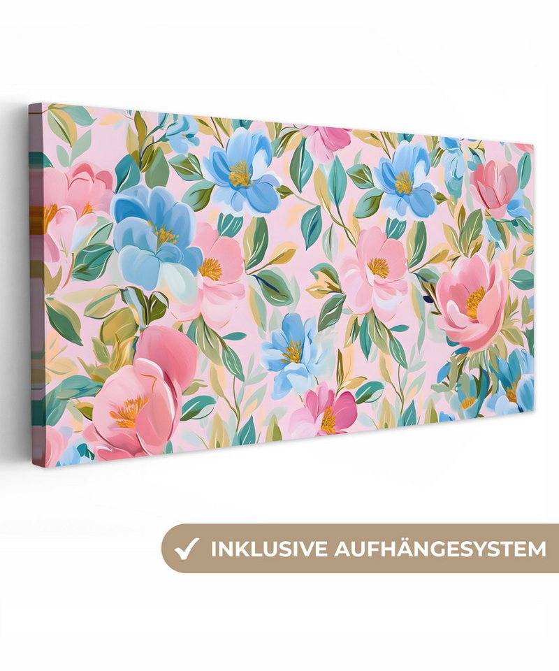 OneMillionCanvasses® Leinwandbild Panorama Blau - Rosa - Blumen, Fotodruck (1 St), Wandbild, Deko Schlafzimmer Wohnzimmer Flur 40x20 cm von OneMillionCanvasses®