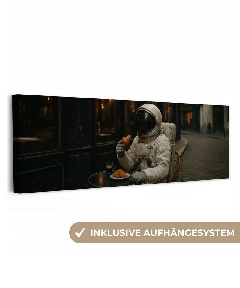 OneMillionCanvasses® Leinwandbild Panorama Café - Croissant - Kaffee - Astronaut, Fotodruck (1 St), Wandbild, Deko Schlafzimmer Wohnzimmer Flur 60x20 cm von OneMillionCanvasses®